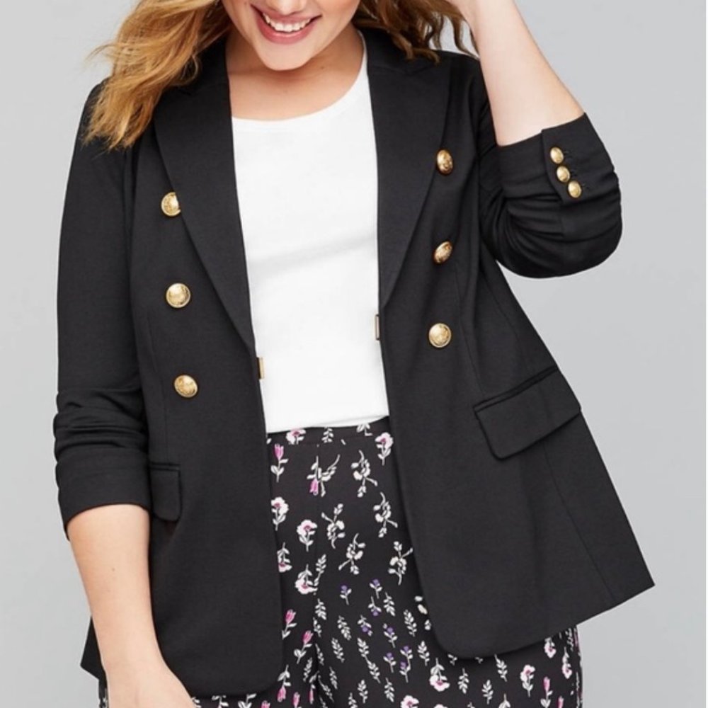 Lane Bryant Black Double-Breasted Blazer with Gold Buttons